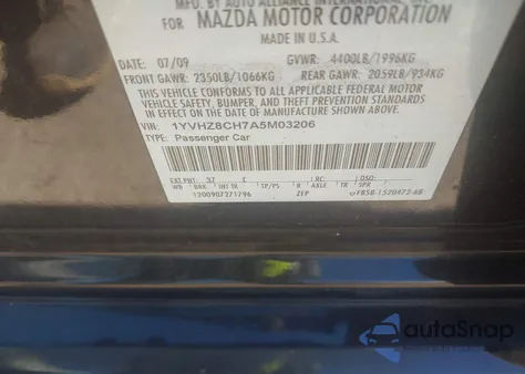 2010 Mazda Mazda6 I Touring z USA, uszkodzony, nr VIN 1YVHZ8CH7A5M03206